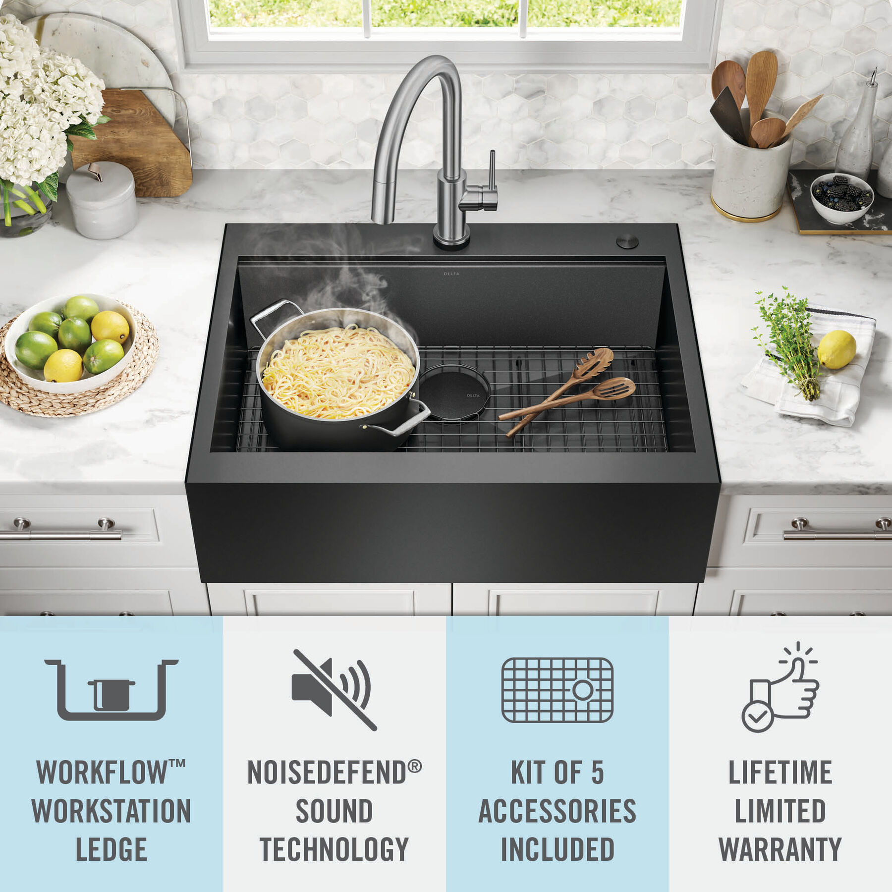 30” Retrofit Farmhouse Apron Front 16 Gauge Workstation Kitchen Sink Single Bowl in with WorkFlow™ Ledge and Accessories for Top Mount Drop-In Installation, image 17